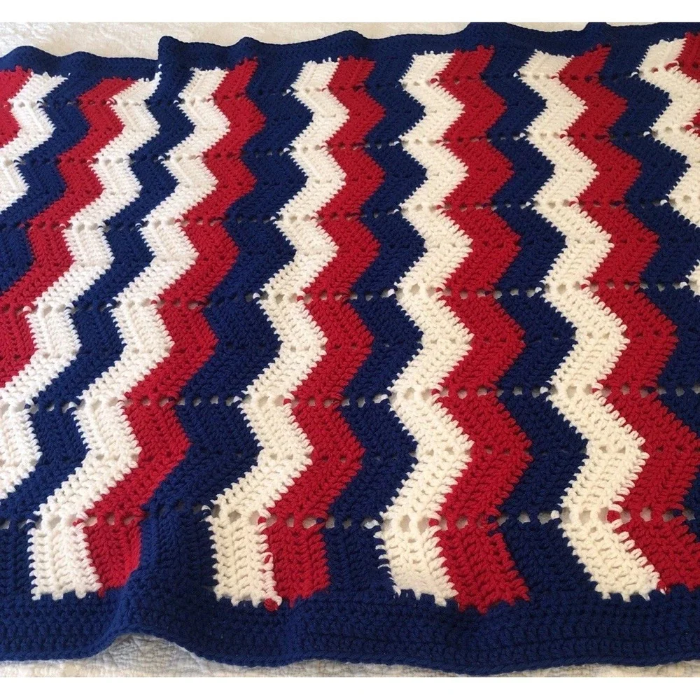 Granny Blanket Crochet Red White Blue Patriotic Americana Handmade Throw 32 X38
